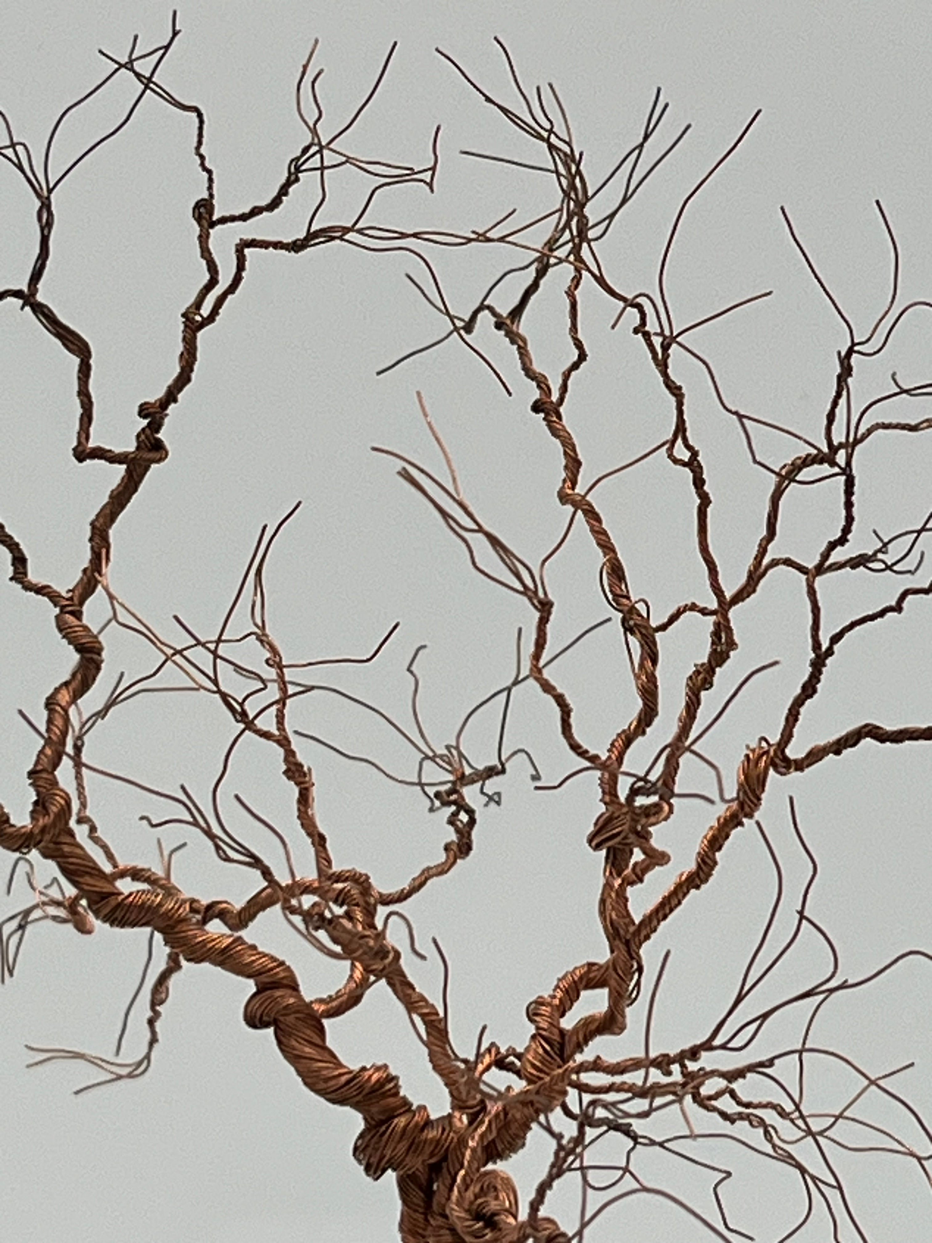 Single Handcrafted miniature copper wire tree on natural bark (RRT008)