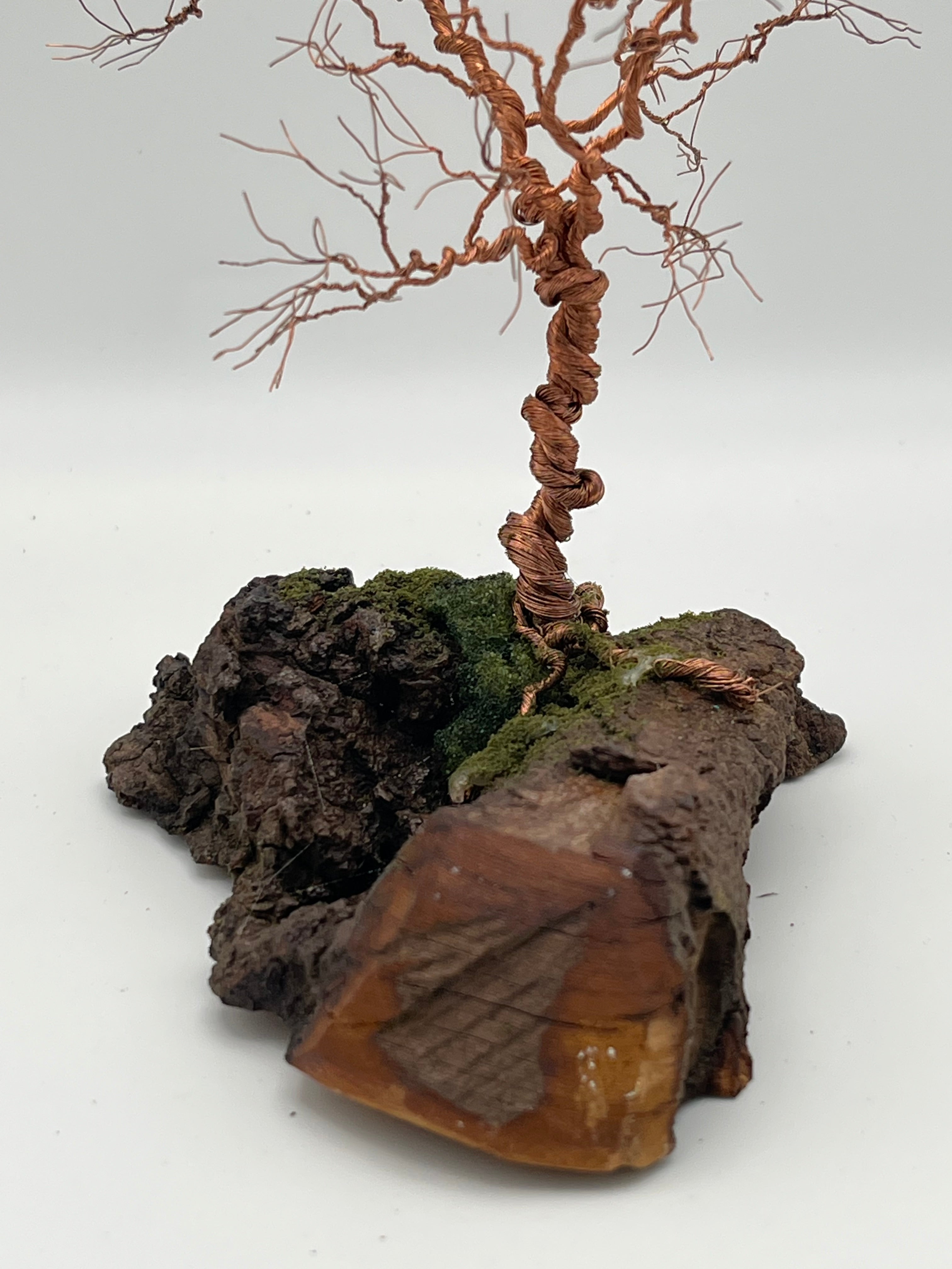 Single Handcrafted miniature copper wire tree on natural bark (RRT008)