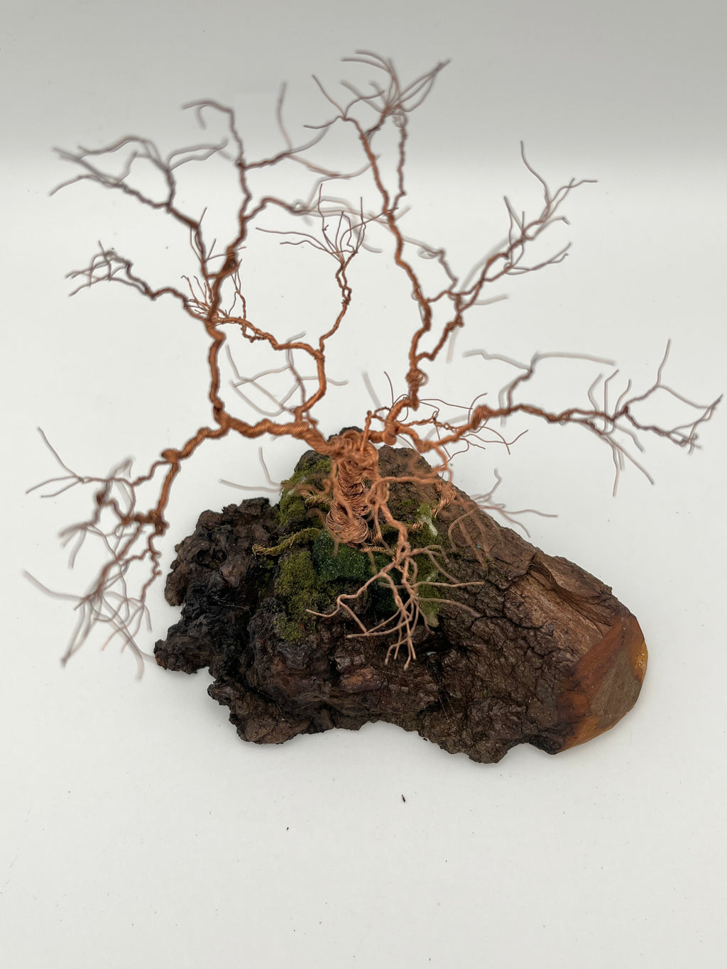 Single Handcrafted miniature copper wire tree on natural bark (RRT008)