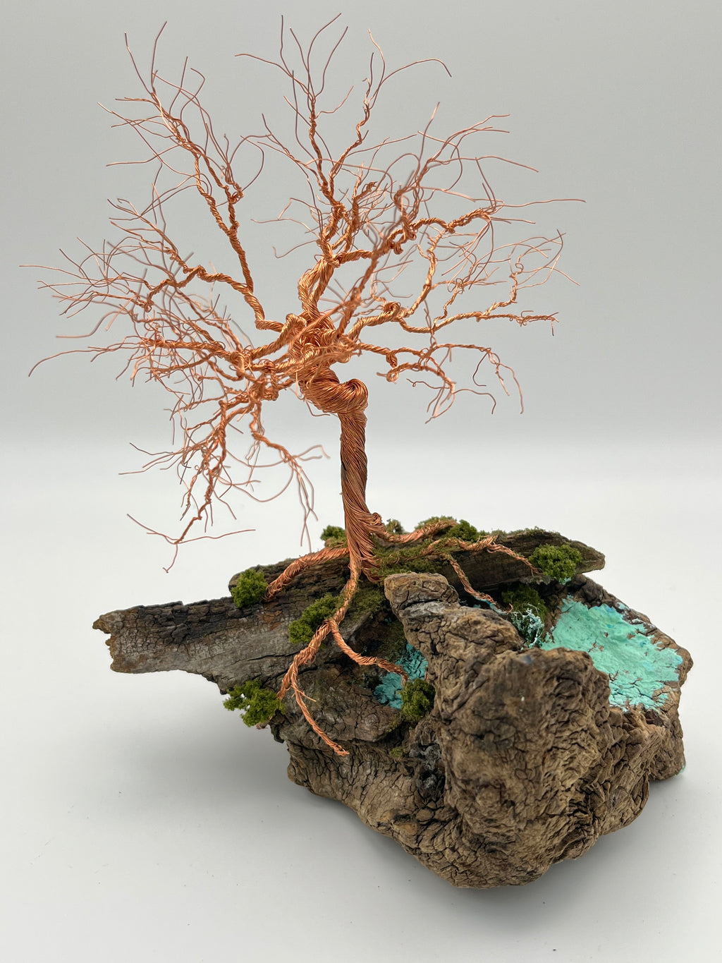 Single Handcrafted miniature copper wire tree by the water on natural bark (RRT009)