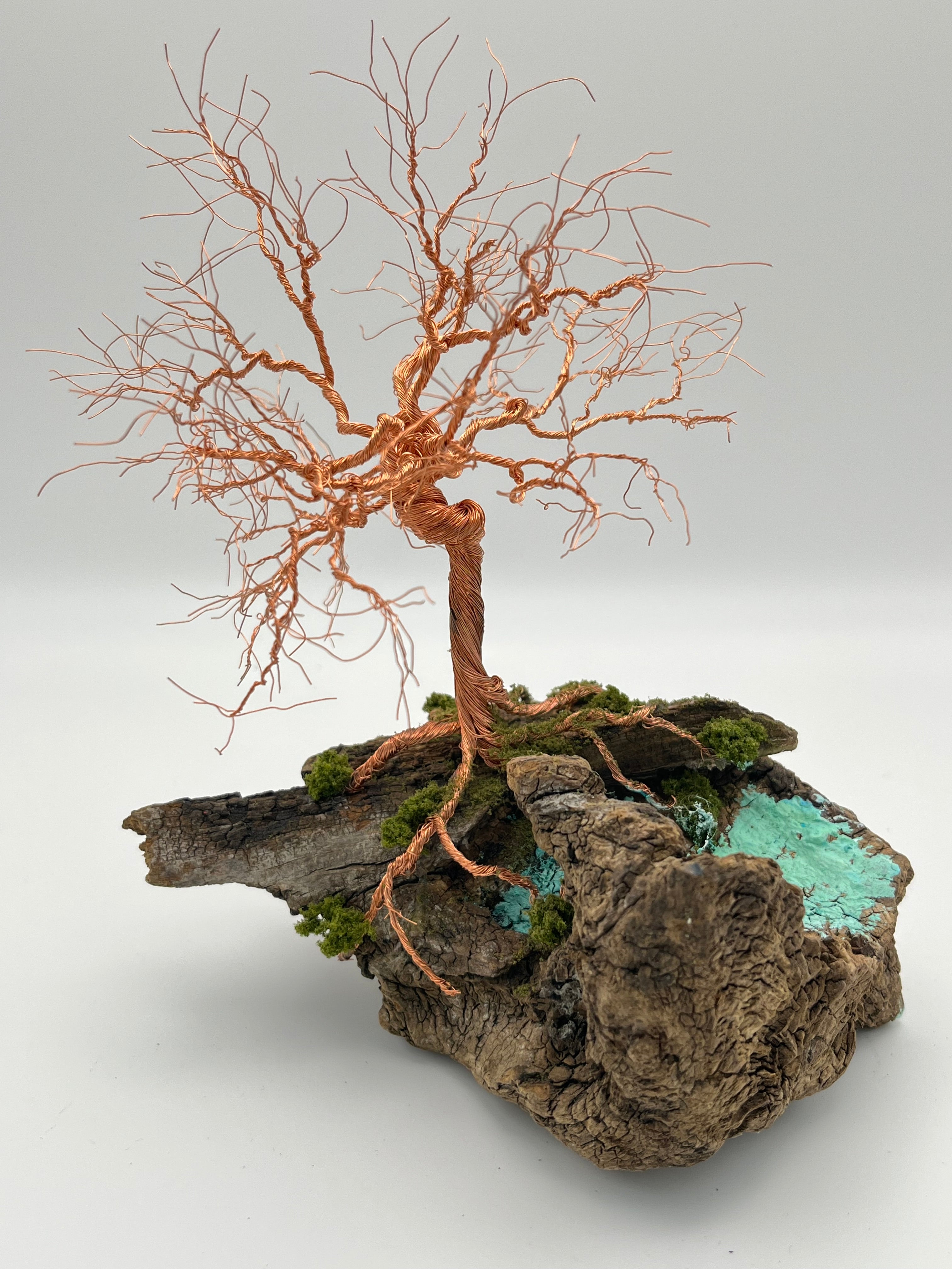 Single Handcrafted miniature copper wire tree by the water on natural bark (RRT009)