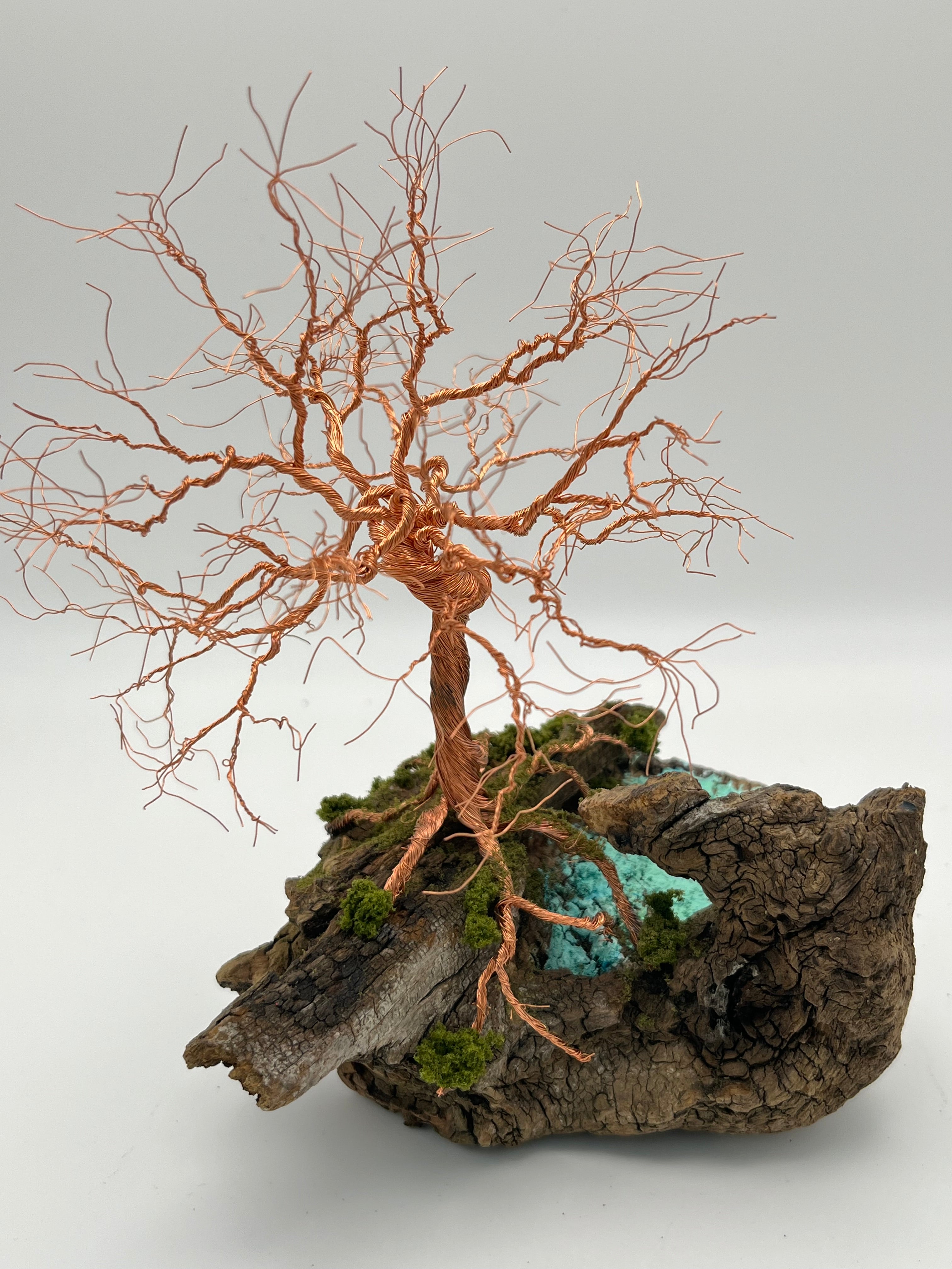 Single Handcrafted miniature copper wire tree by the water on natural bark (RRT009)