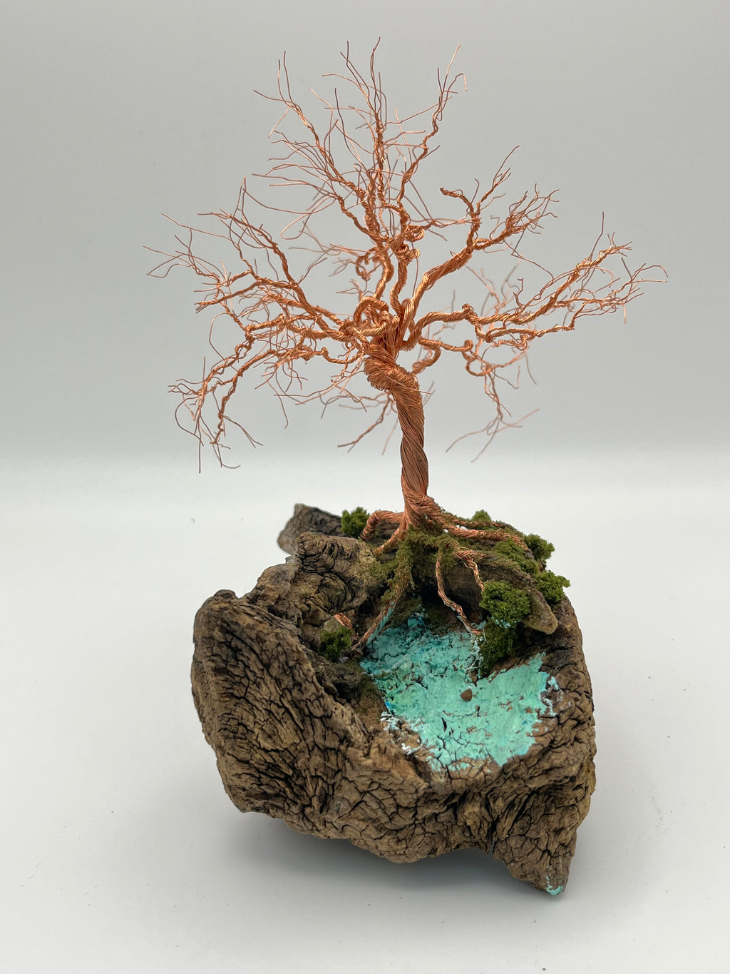 Single Handcrafted miniature copper wire tree by the water on natural bark (RRT009)