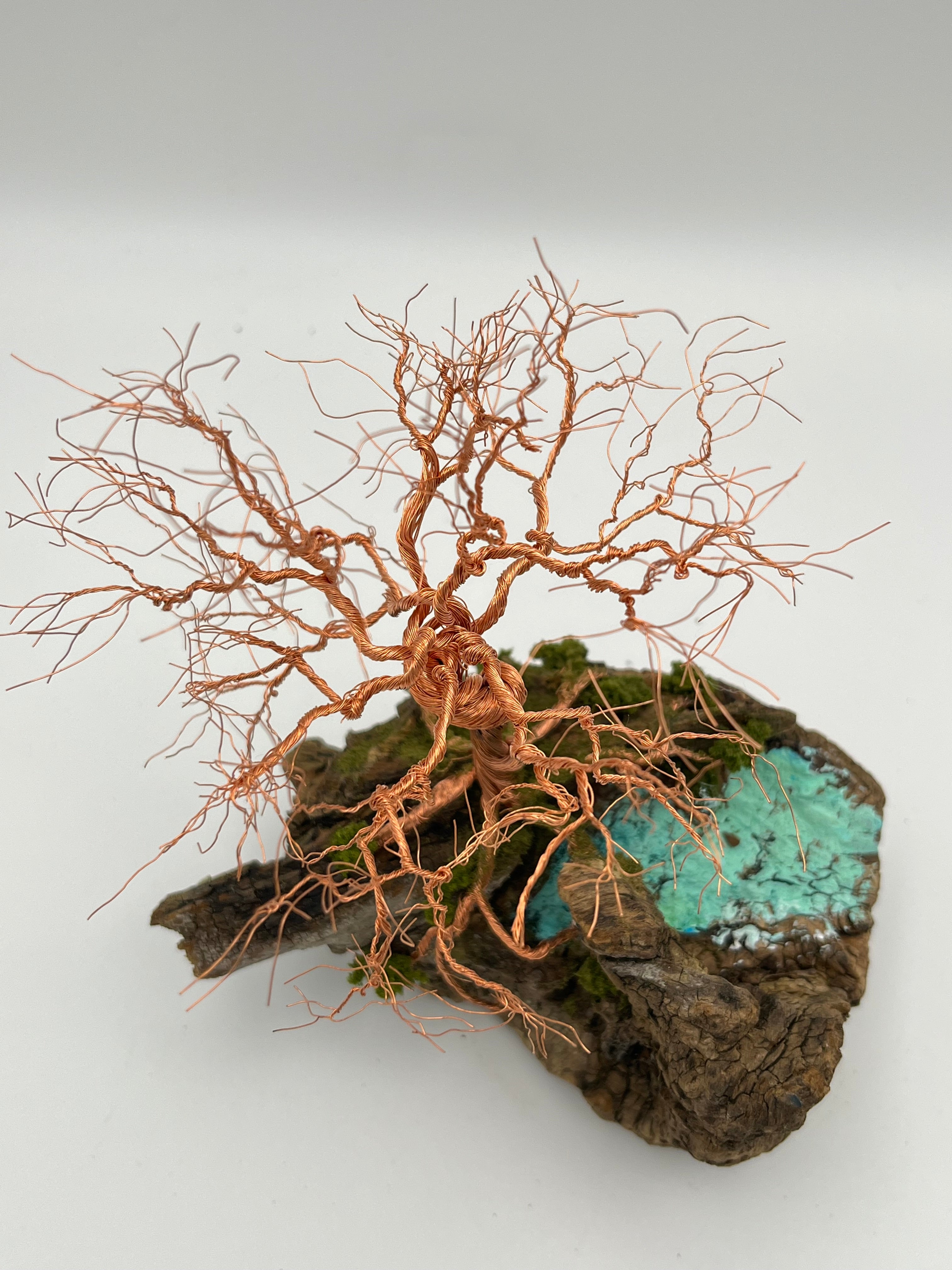 Single Handcrafted miniature copper wire tree by the water on natural bark (RRT009)