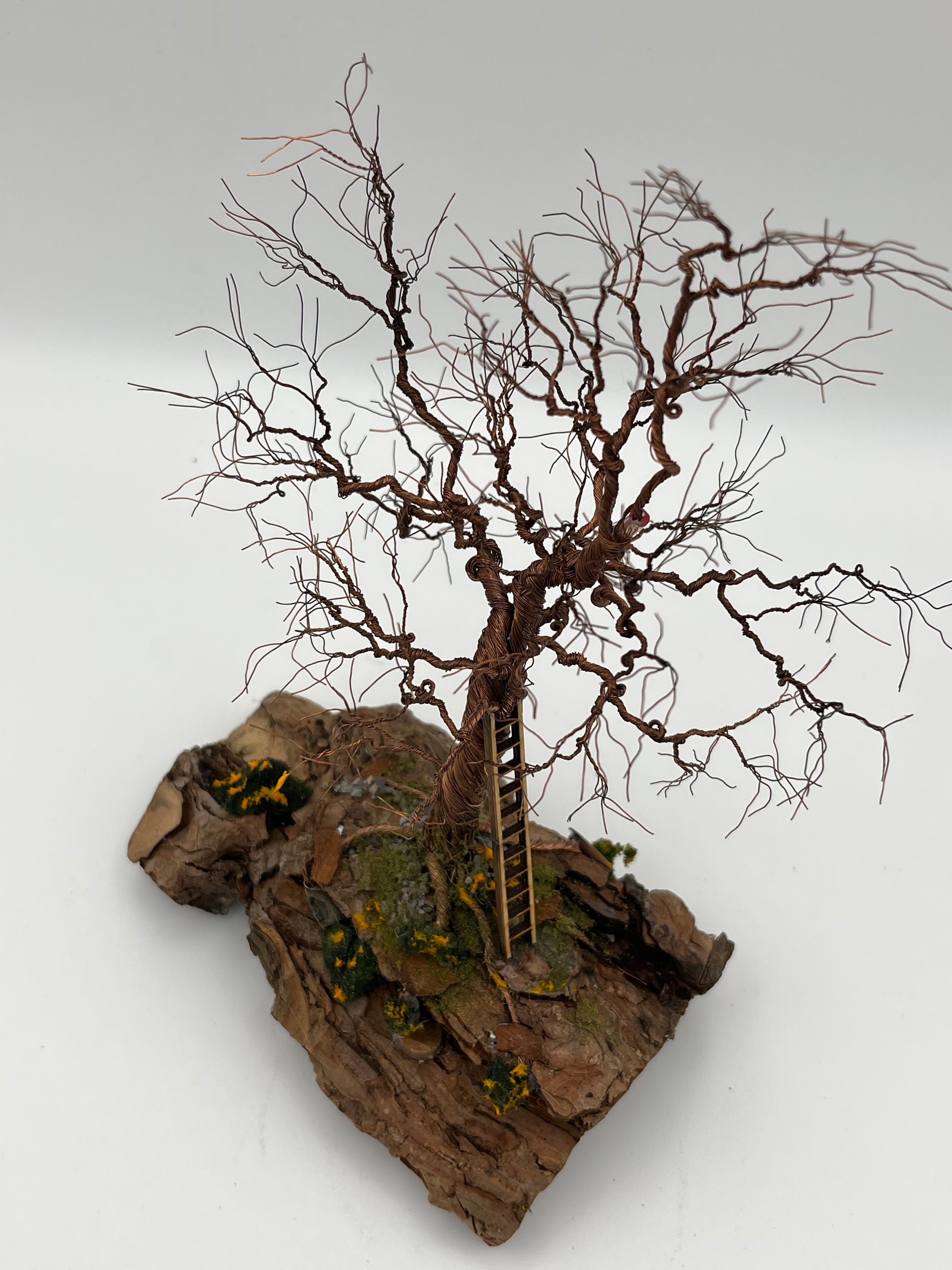 Single Handcrafted miniature copper wire tree in he orchard natural bark (RRT011)