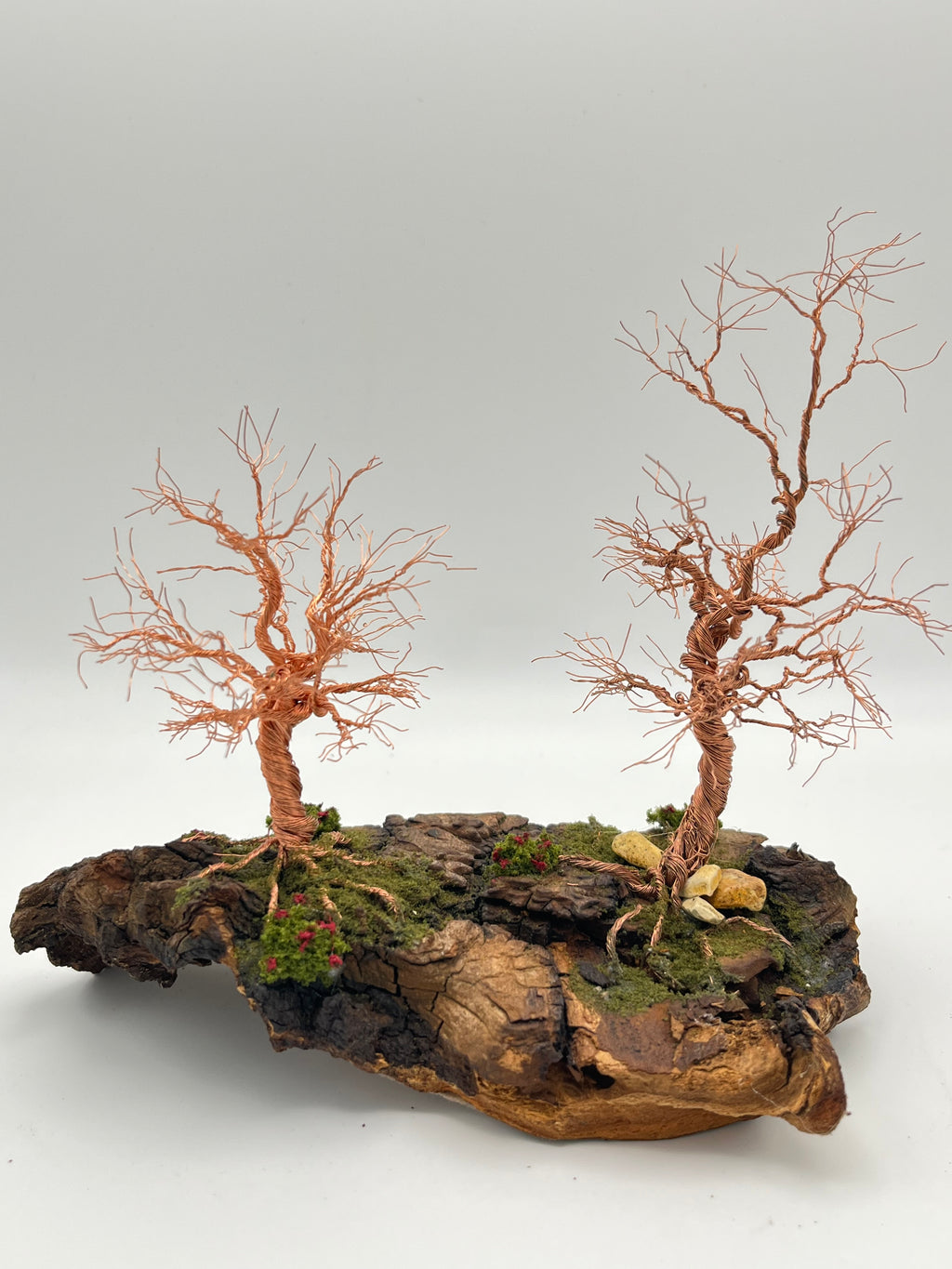 Pair of Handcrafted Copper Wire Trees on natural bark (RRT012)