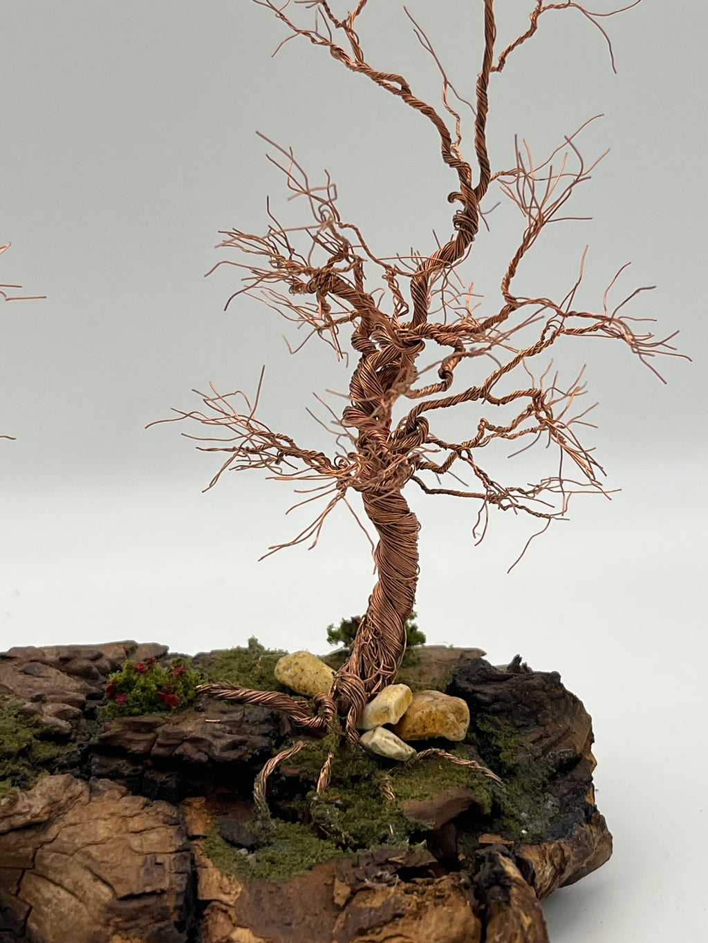 Pair of Handcrafted Copper Wire Trees on natural bark (RRT012)