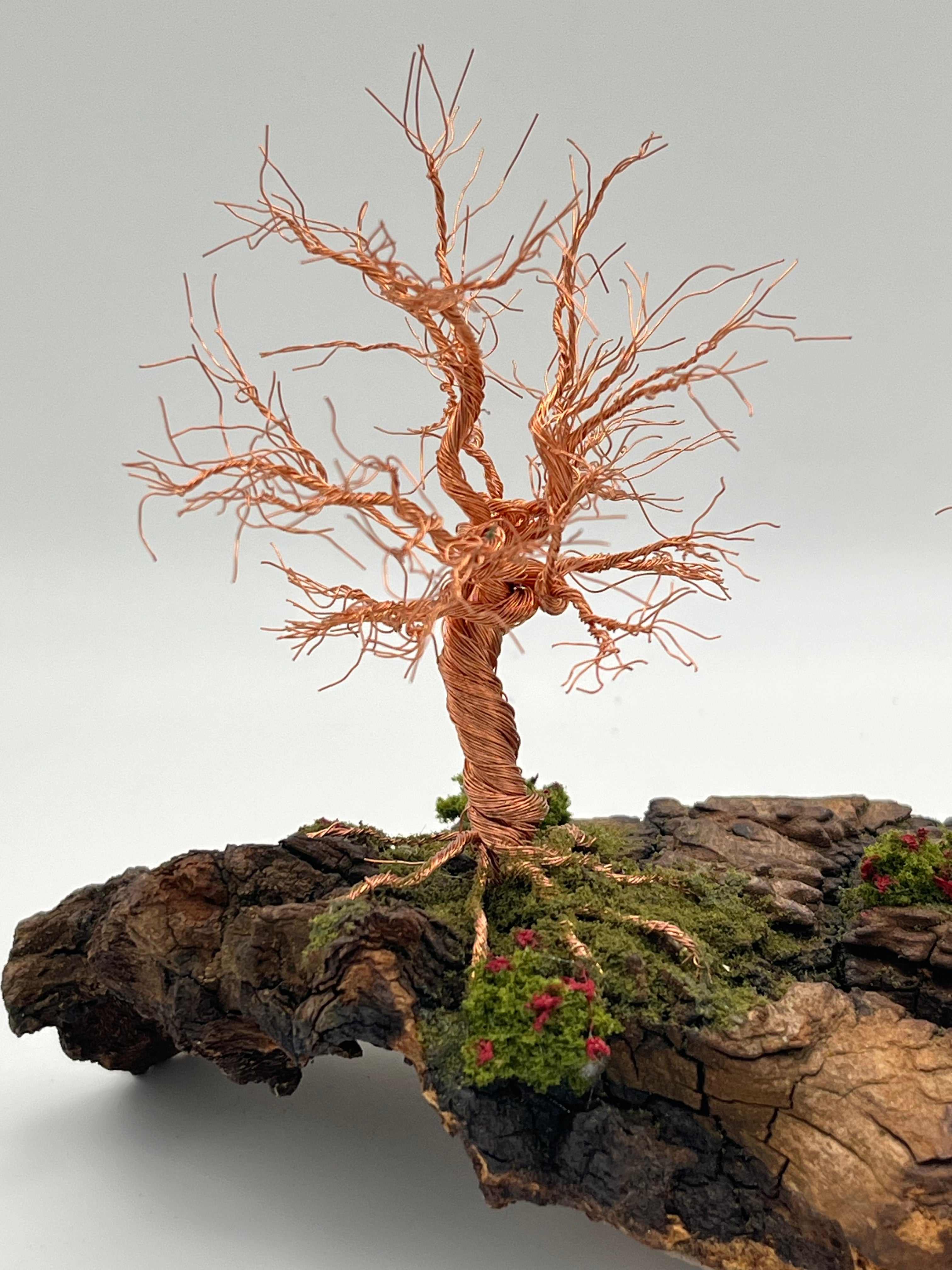 Pair of Handcrafted Copper Wire Trees on natural bark (RRT012)