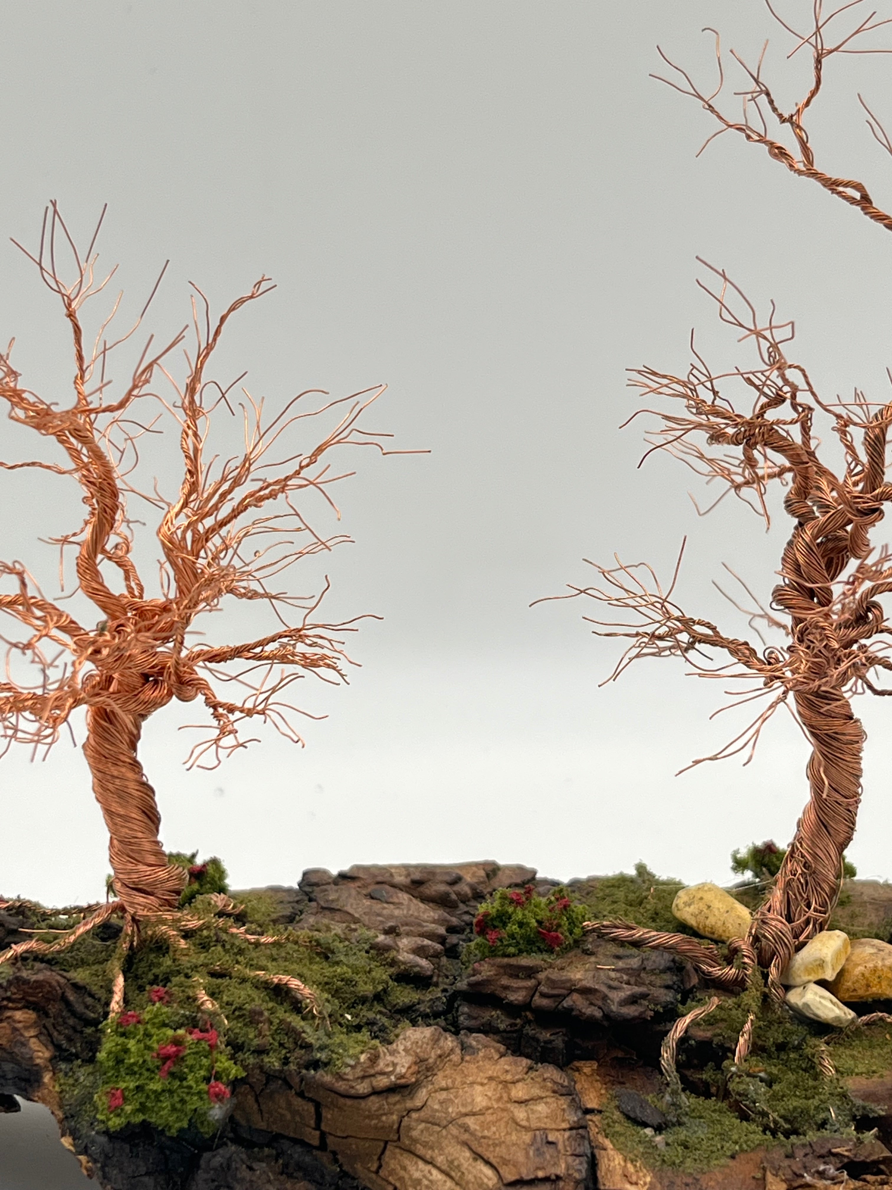 Pair of Handcrafted Copper Wire Trees on natural bark (RRT012)