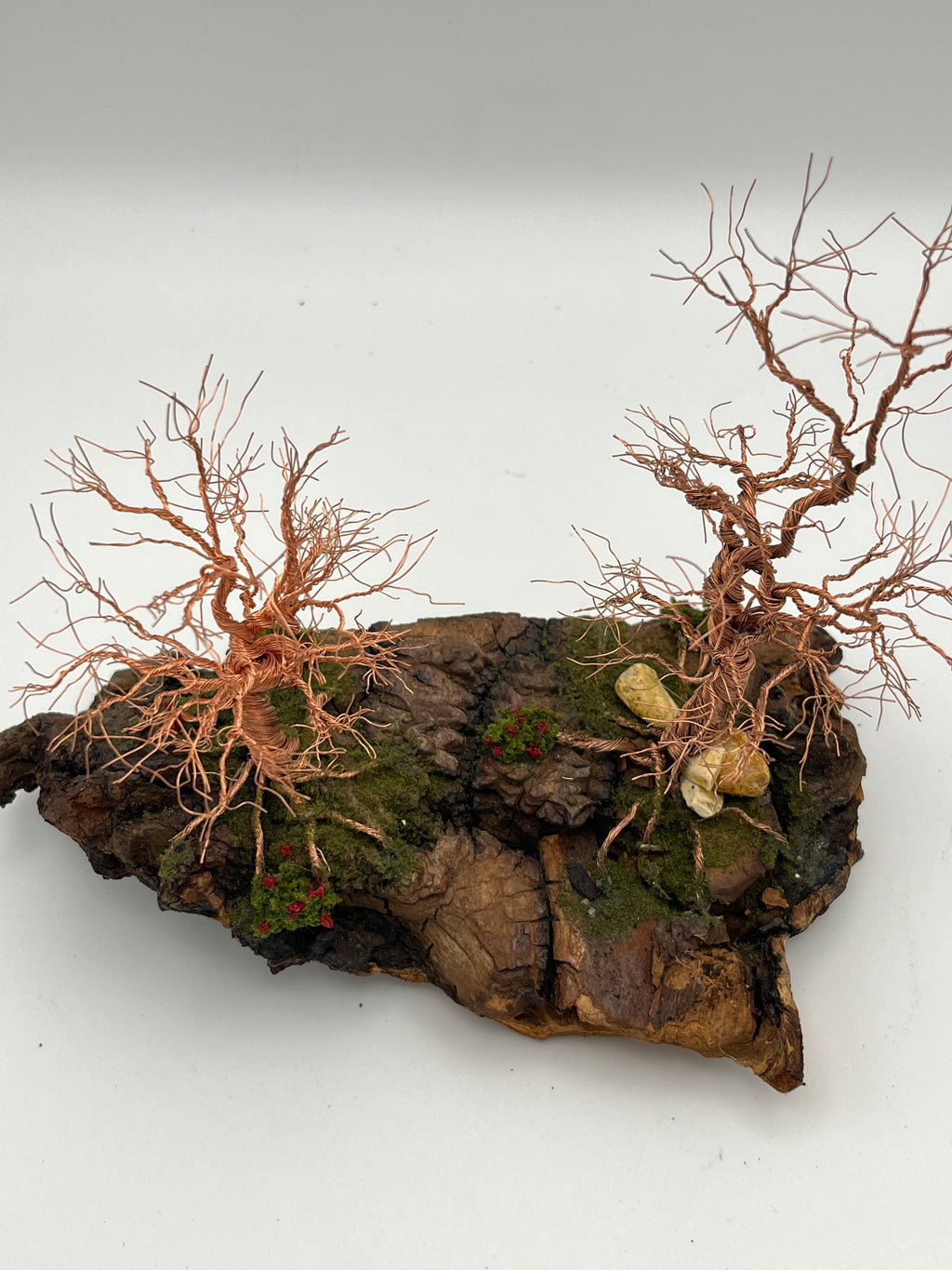 Pair of Handcrafted Copper Wire Trees on natural bark (RRT012)