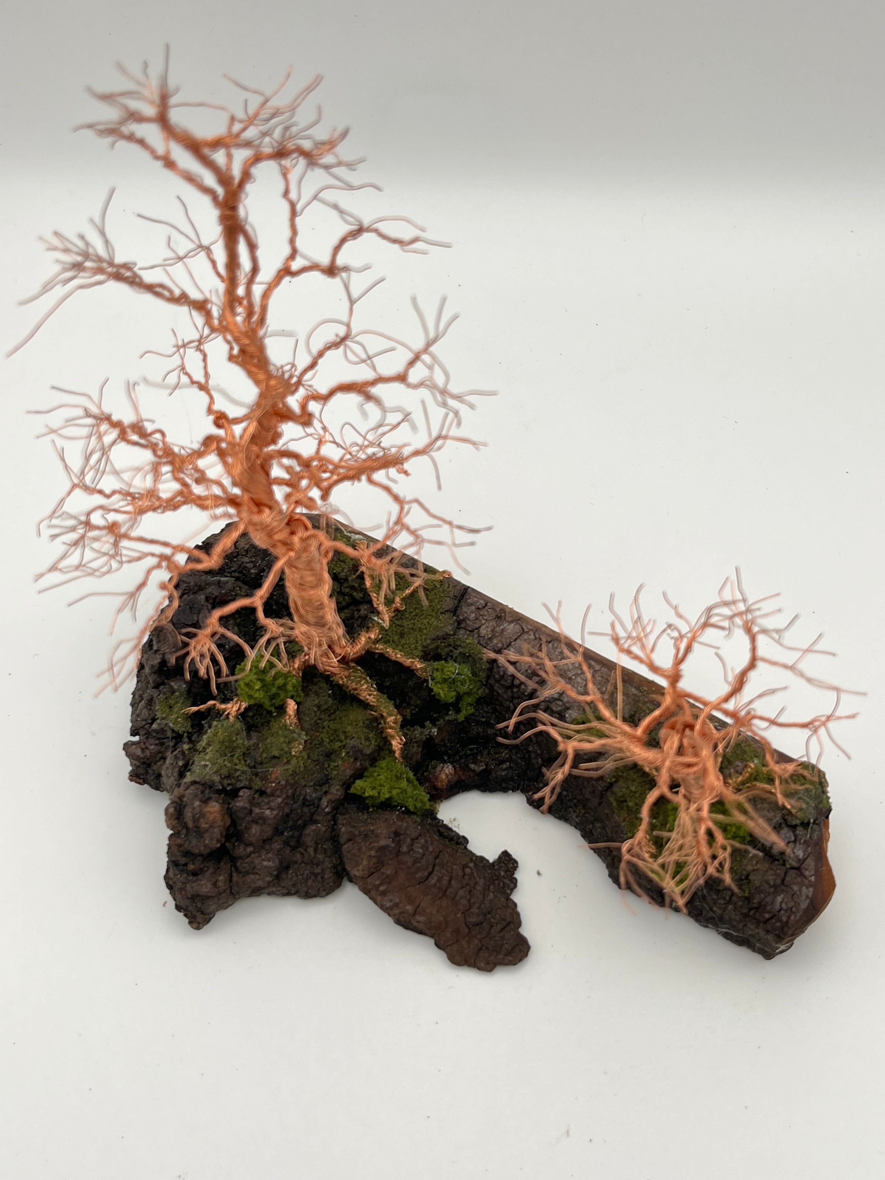 Pair of  Handcrafted Copper Wire Trees on natural bark (RRT014)