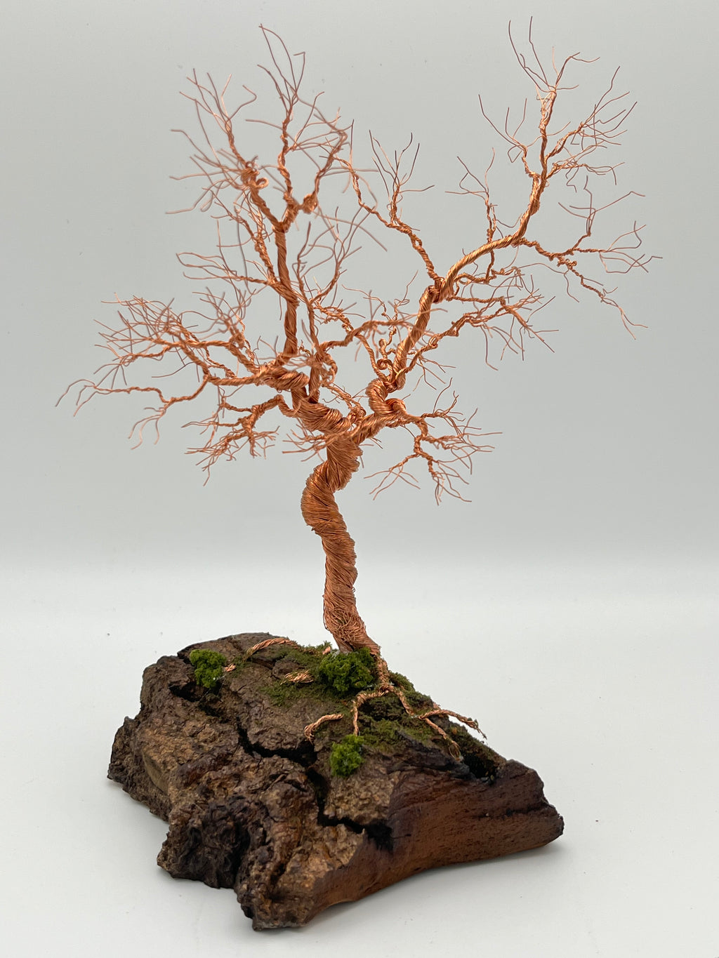 Single Handcrafted Copper Wire Tree on natural bark (RRT015)