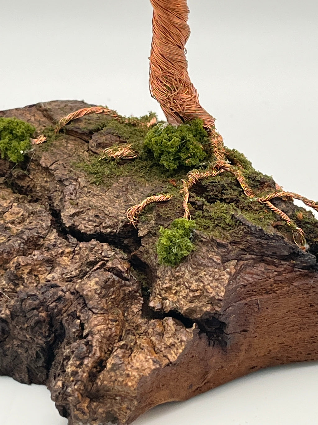 Single Handcrafted Copper Wire Tree on natural bark (RRT015)