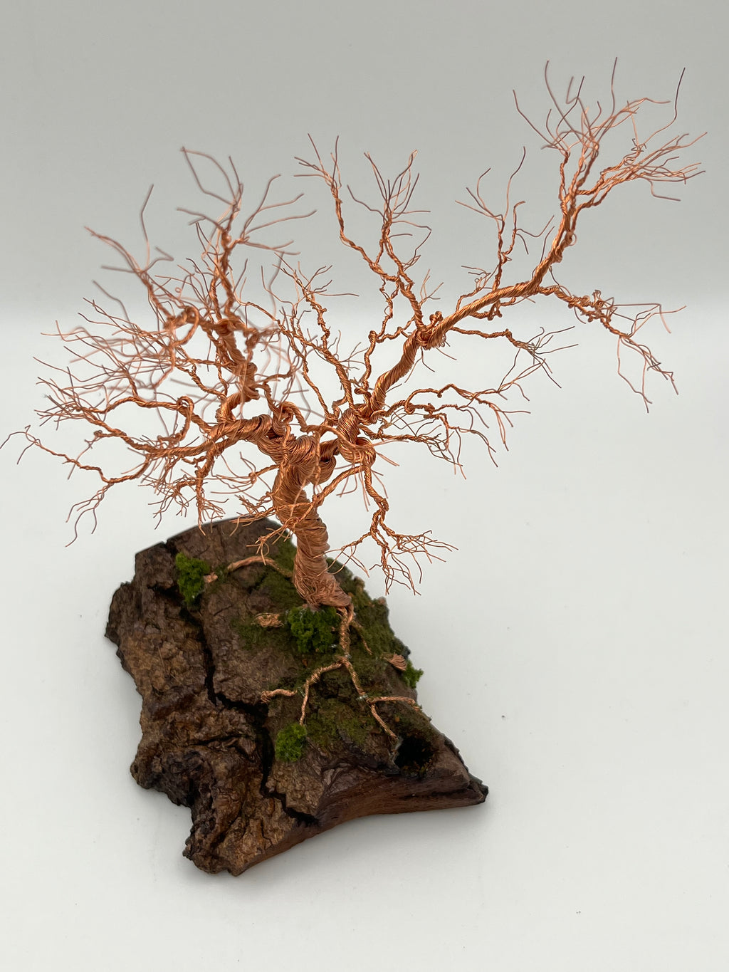 Single Handcrafted Copper Wire Tree on natural bark (RRT015)