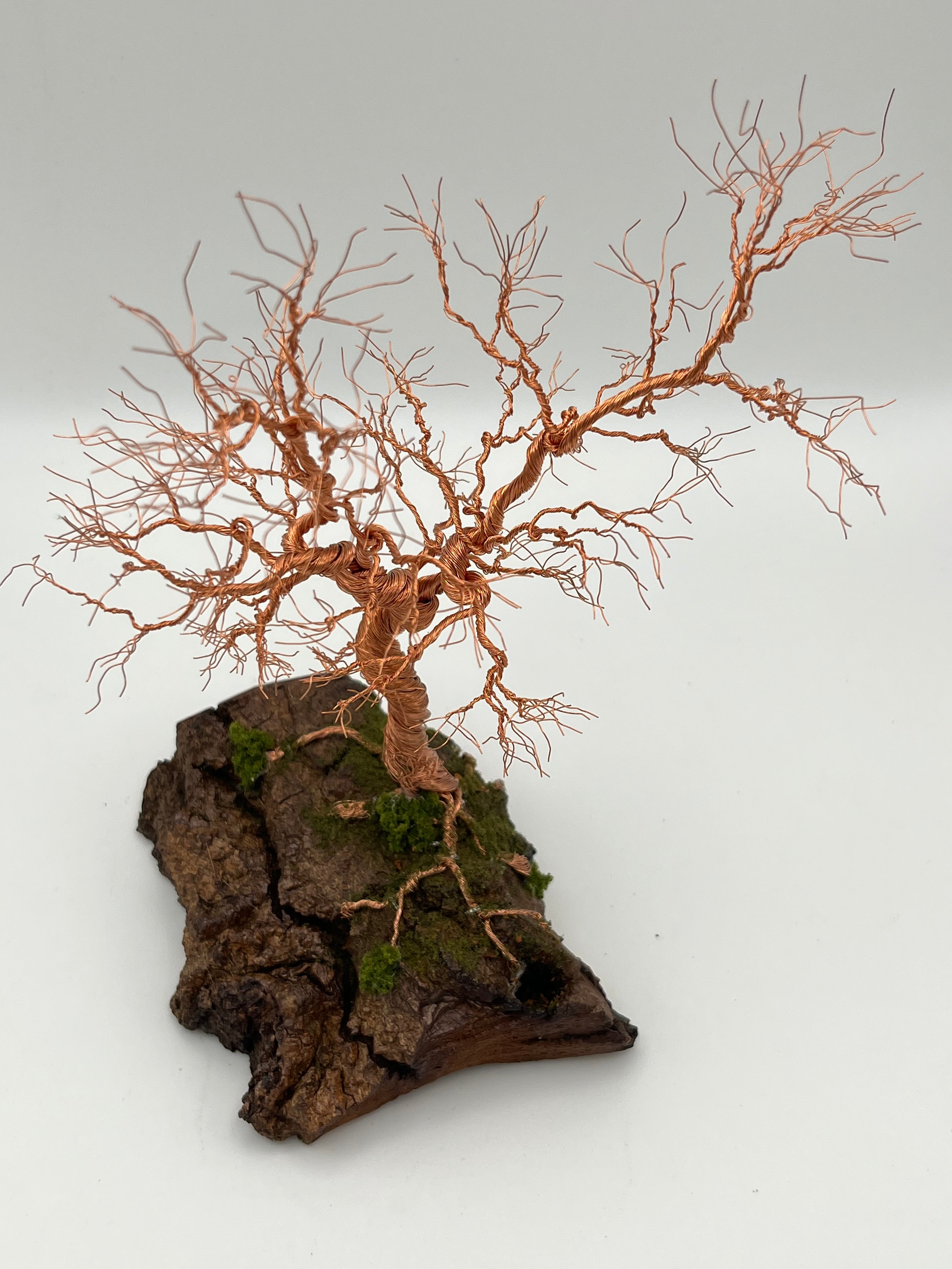 Single Handcrafted Copper Wire Tree on natural bark (RRT015)