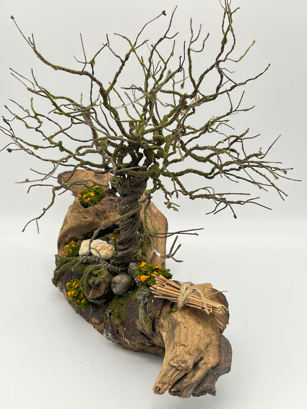 Single Handcrafted Copper Wire Tree on natural bark (RRT016)