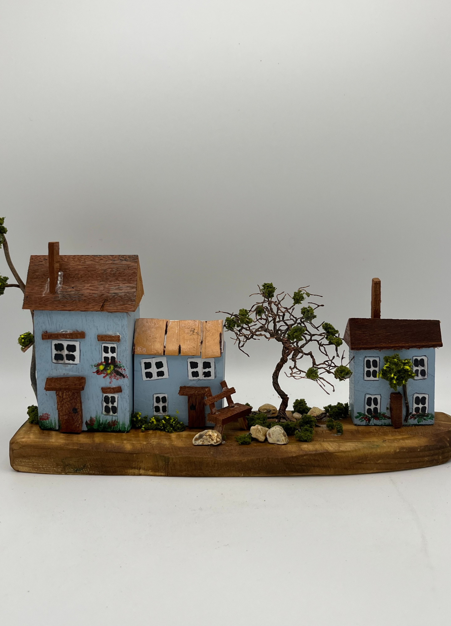 Handcrafted Miniature Wooden Houses on Natural Base handcrafted wire tree RRH1014