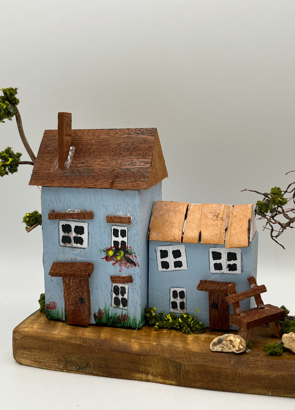 Handcrafted Miniature Wooden Houses on Natural Base handcrafted wire tree RRH1014