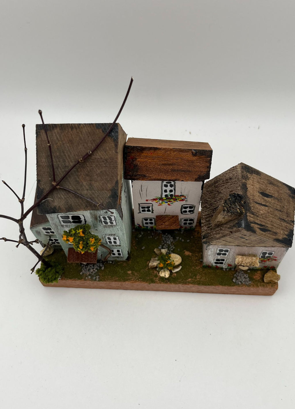 Handcrafted Miniature Wooden Houses on Natural Base RRH1009