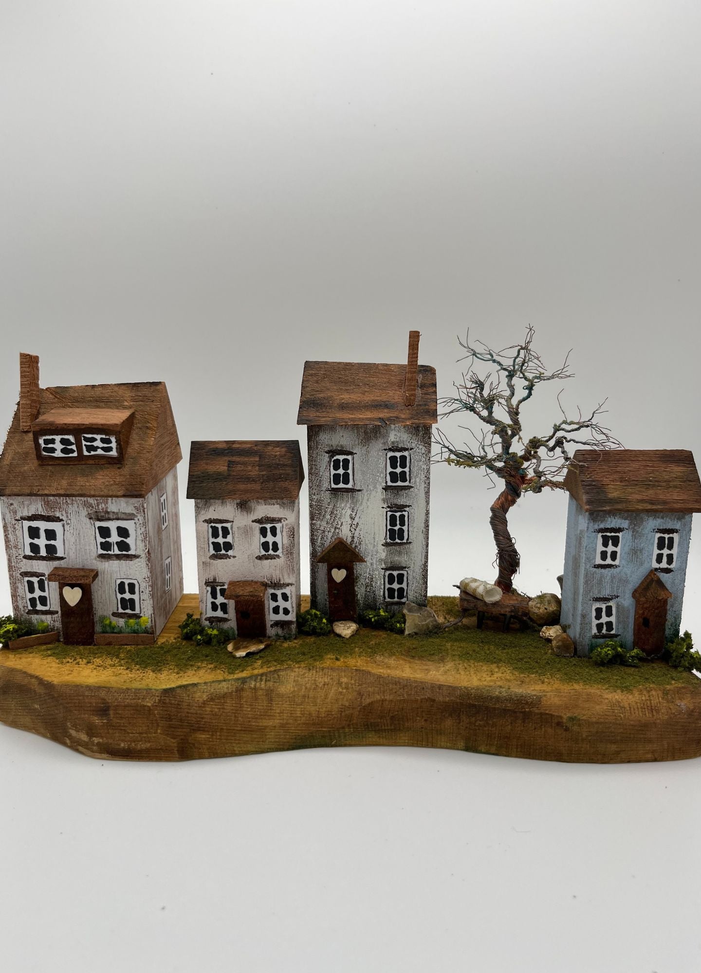 Handcrafted Miniature Wooden Houses on Natural Base handcrafted wire tree RRH1010