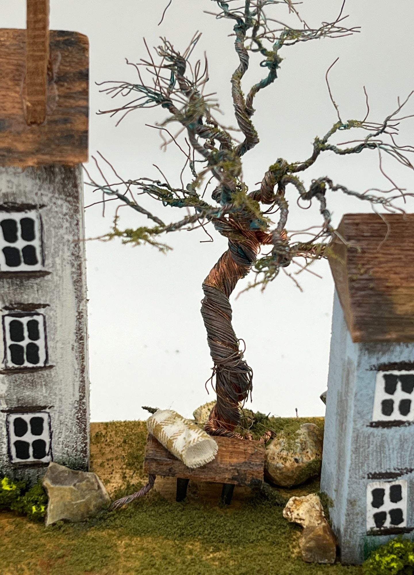 Handcrafted Miniature Wooden Houses on Natural Base handcrafted wire tree RRH1010