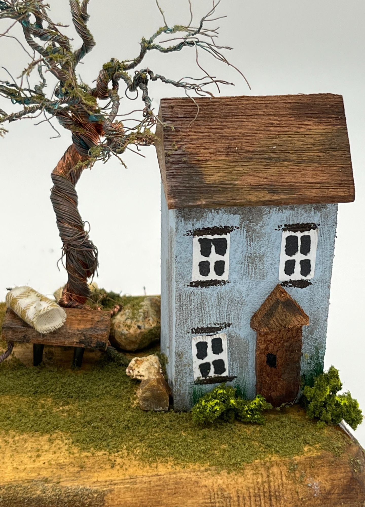 Handcrafted Miniature Wooden Houses on Natural Base handcrafted wire tree RRH1010