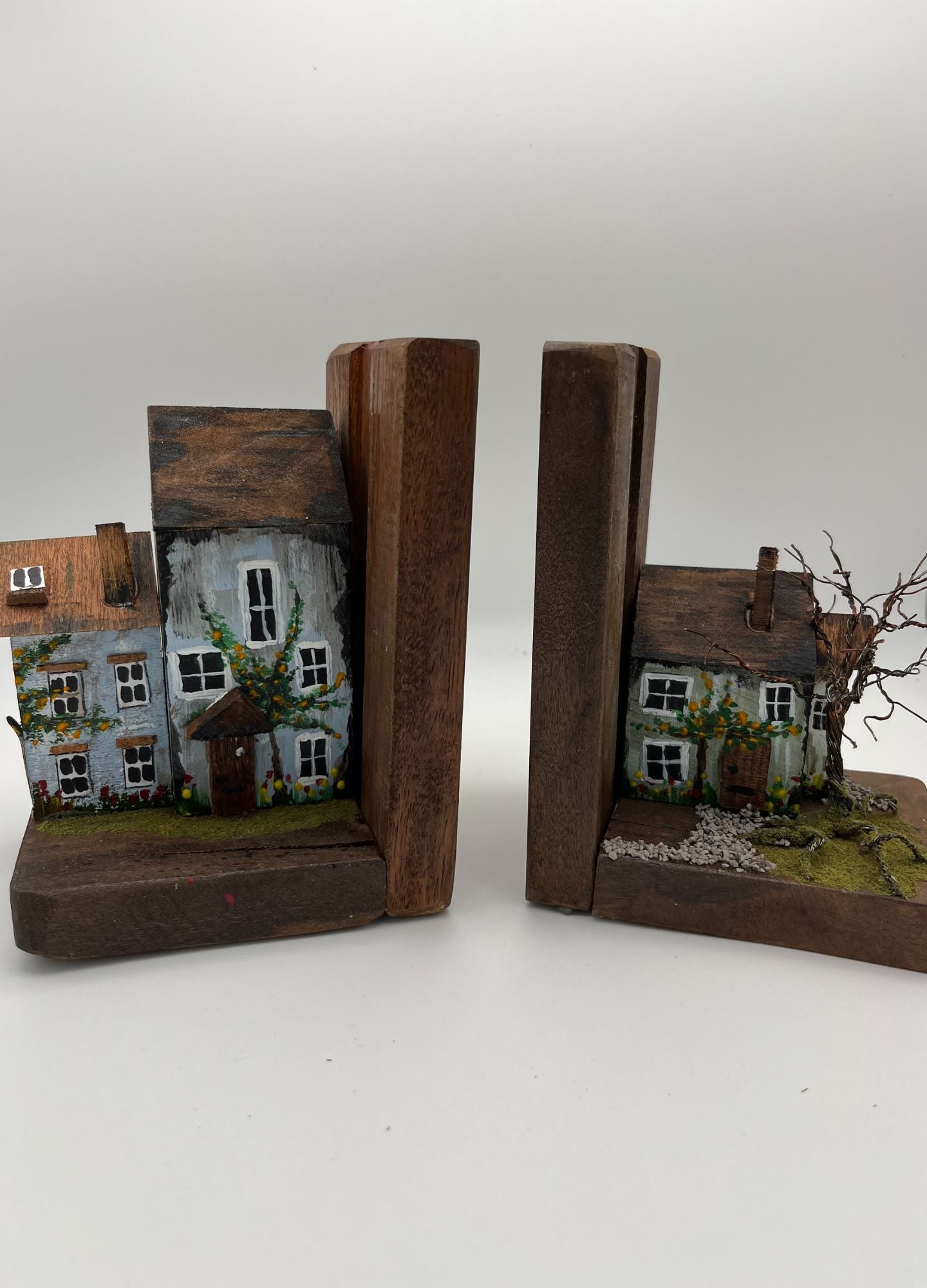 Handcrafted Miniature Wooden Houses on Natural Base Bookends RR1012