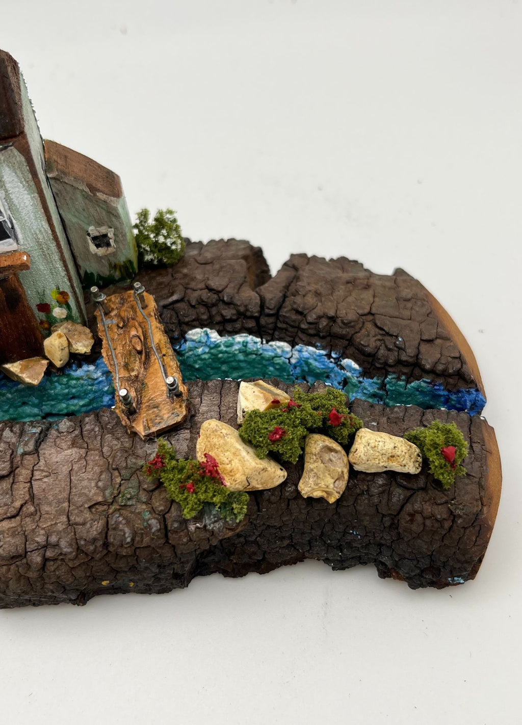 Handcrafted Miniature Wooden House by a stream on Natural Base handcrafted wire tree RRH1013