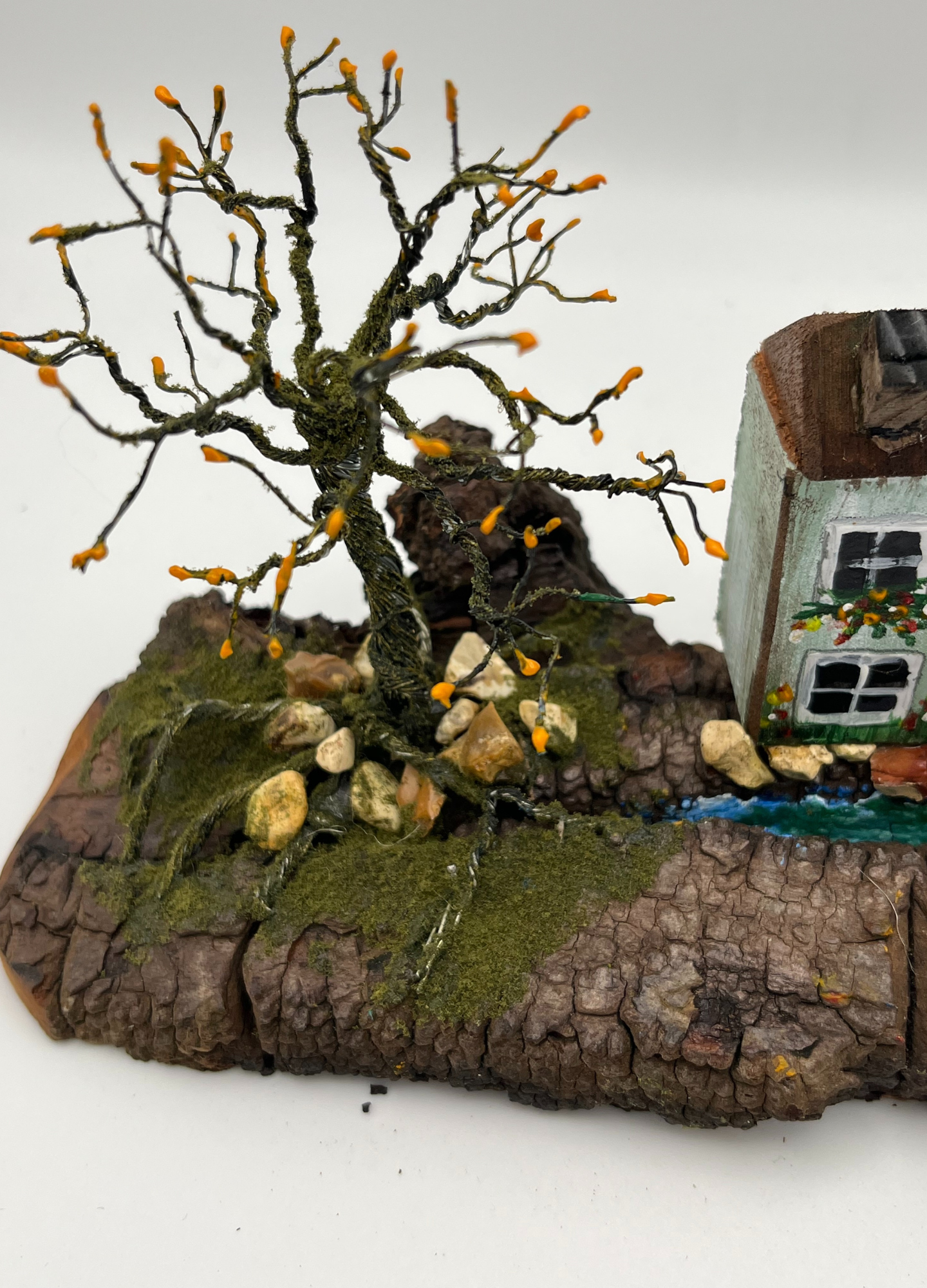 Handcrafted Miniature Wooden House by a stream on Natural Base handcrafted wire tree RRH1013