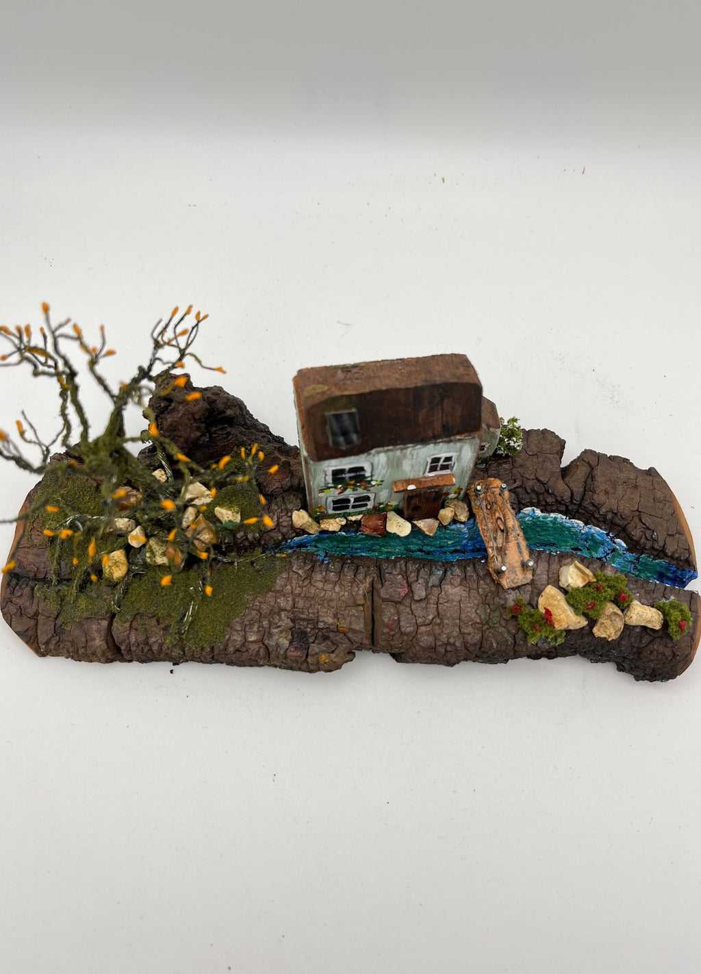 Handcrafted Miniature Wooden House by a stream on Natural Base handcrafted wire tree RRH1013