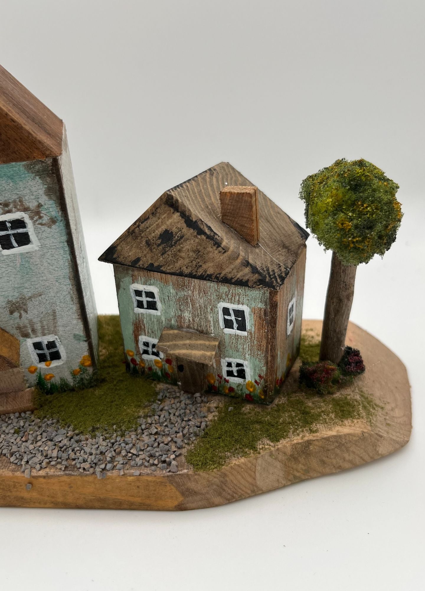 Pair Handcrafted Miniature Wooden Houses on Natural Base  RRH1017