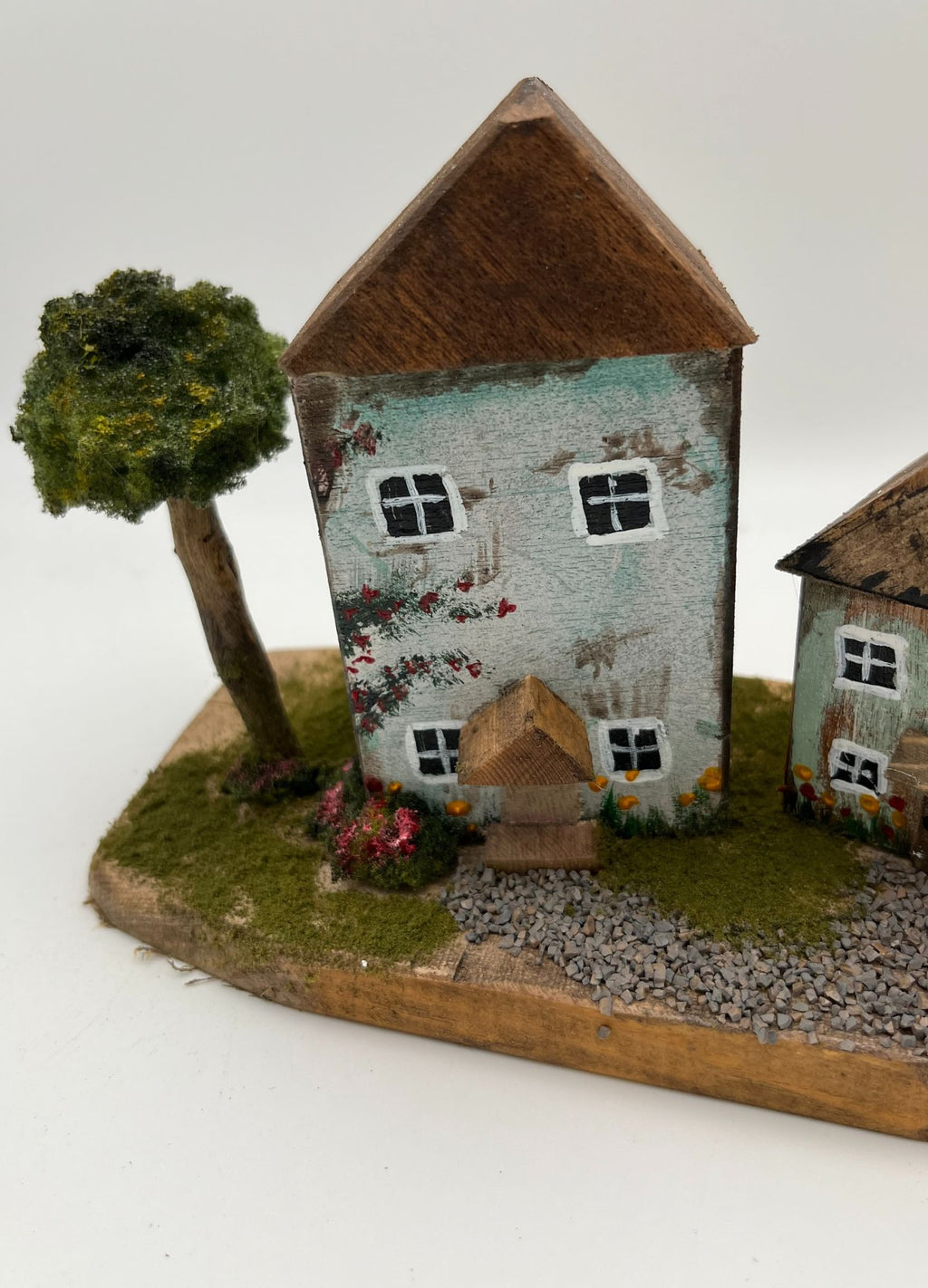 Pair Handcrafted Miniature Wooden Houses on Natural Base  RRH1017