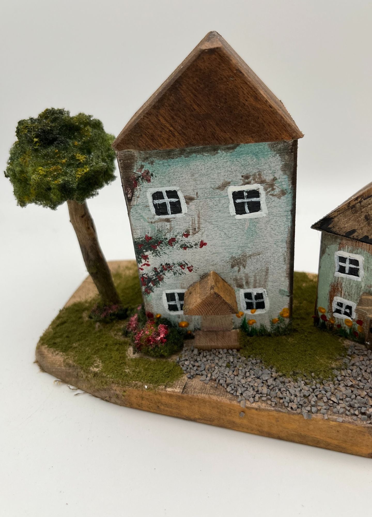 Pair Handcrafted Miniature Wooden Houses on Natural Base  RRH1017