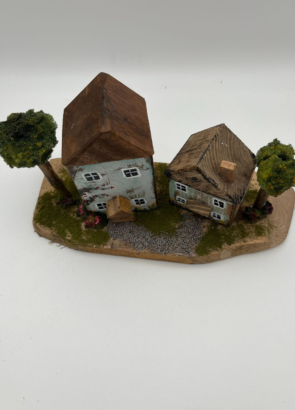 Pair Handcrafted Miniature Wooden Houses on Natural Base  RRH1017