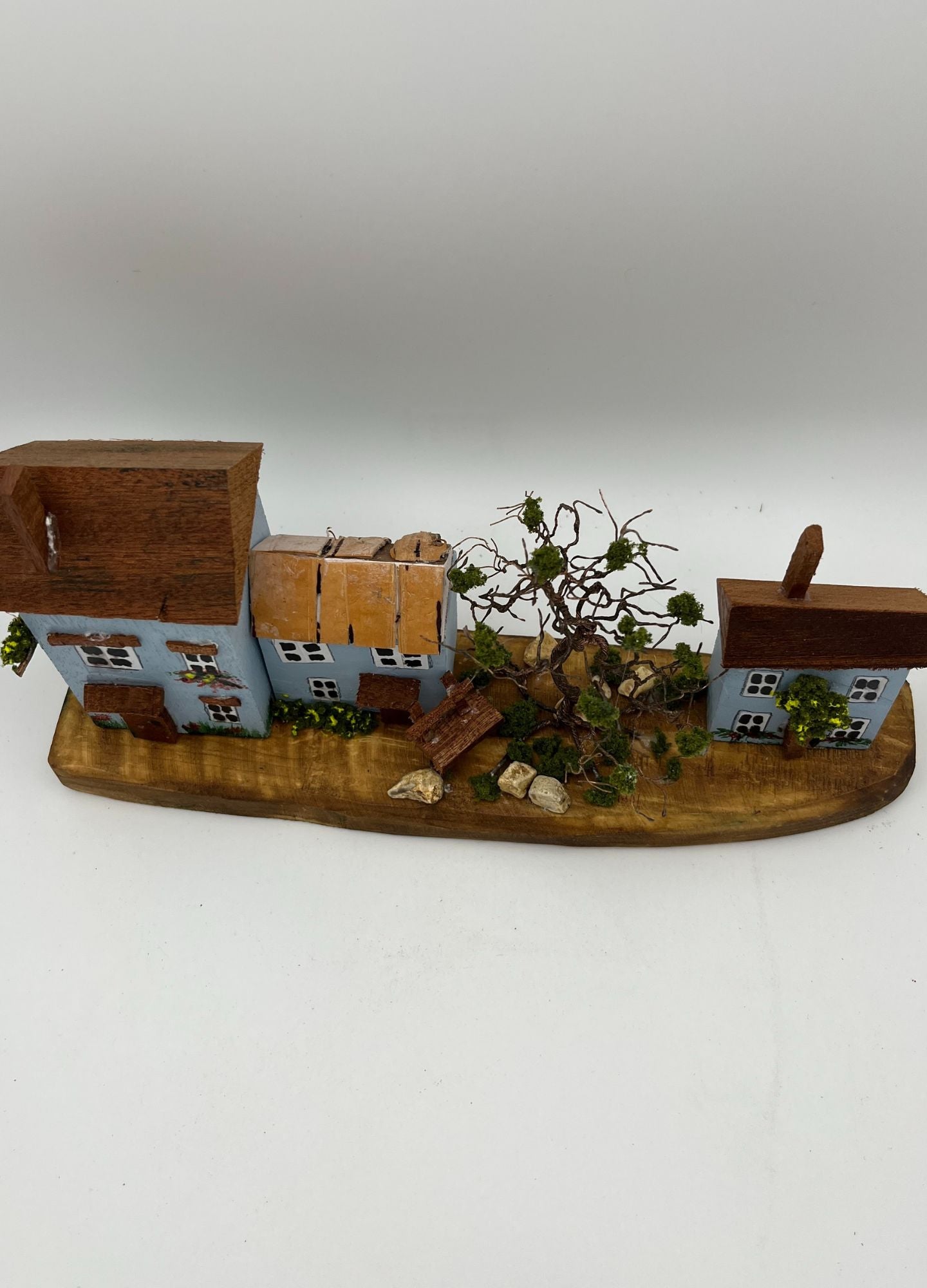 Handcrafted Miniature Wooden Houses on Natural Base handcrafted wire tree RRH1014