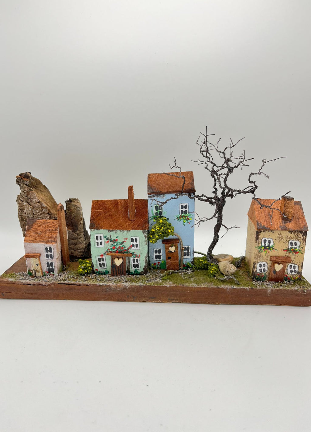 Handcrafted Miniature Wooden Houses on Natural Base RRH1003