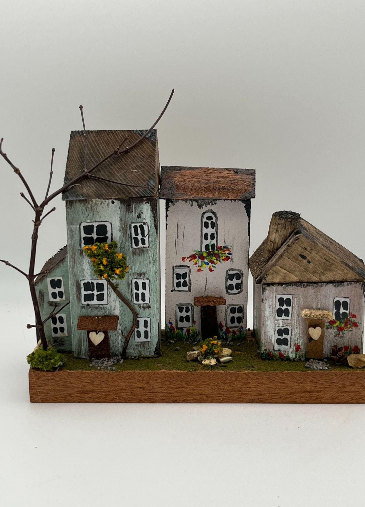 Handcrafted Miniature Wooden Houses on Natural Base RRH1009