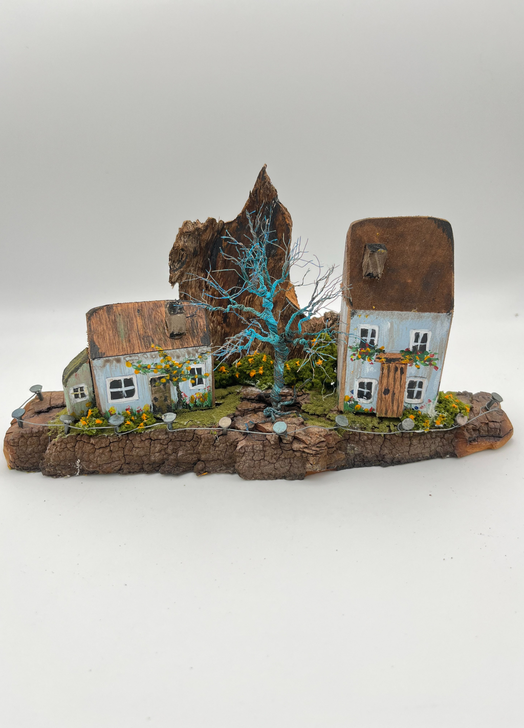 Handcrafted Miniature Wooden Houses  on Natural Base  with hand sculpted wire verdigris  tree RRH1025