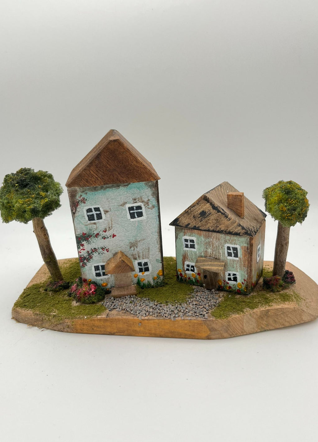 Pair Handcrafted Miniature Wooden Houses on Natural Base  RRH1017