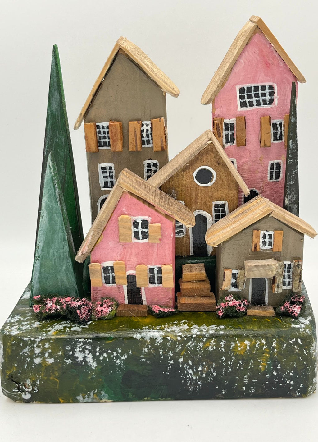 Handcrafted Miniature Wooden Town Houses on Natural Base  RRH1018