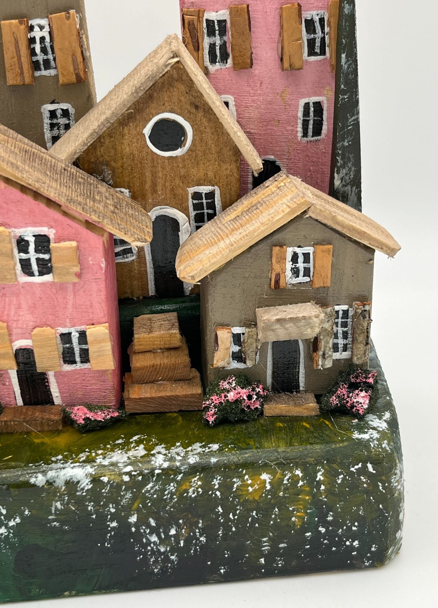 Handcrafted Miniature Wooden Town Houses on Natural Base  RRH1018