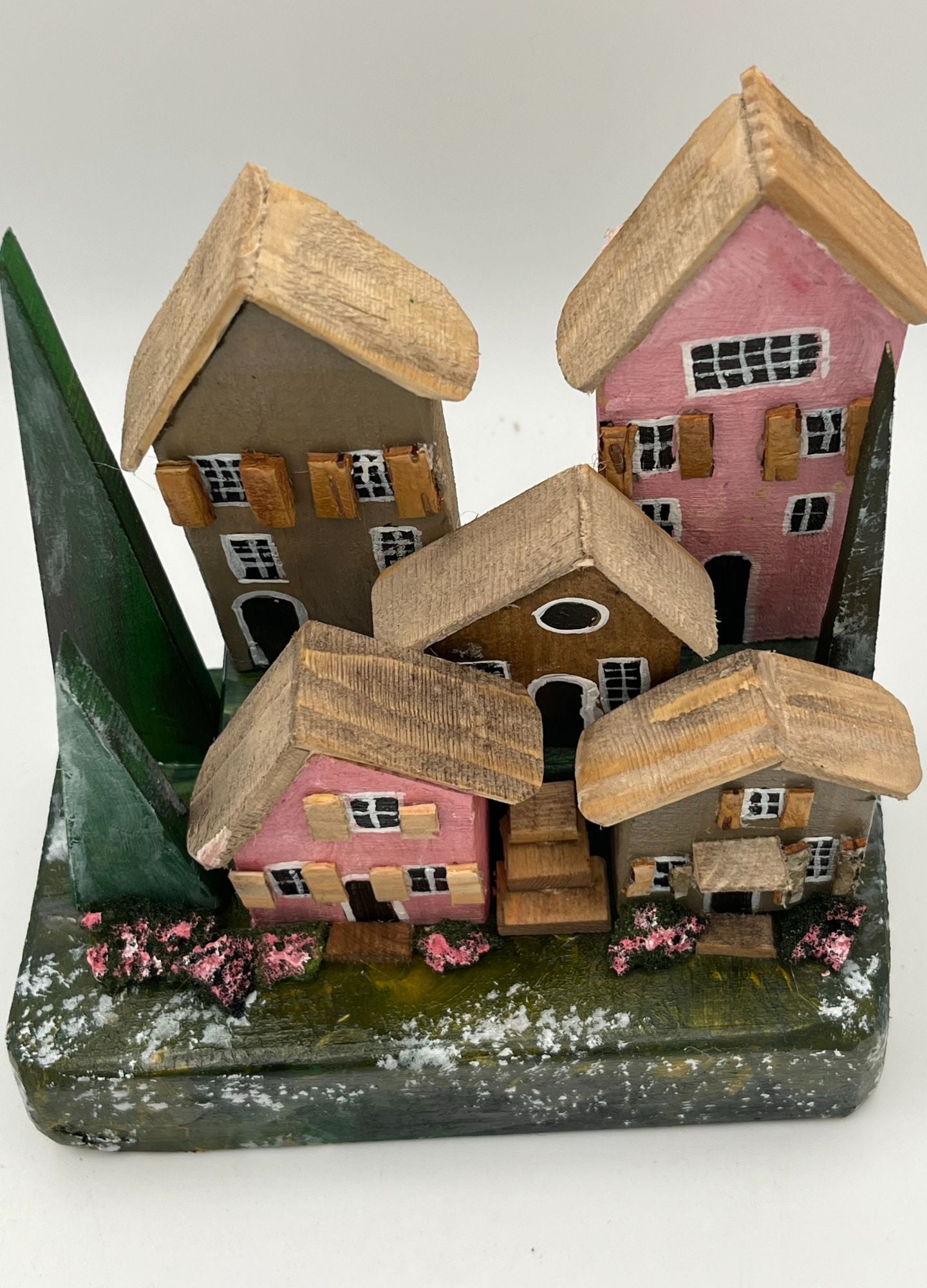 Handcrafted Miniature Wooden Town Houses on Natural Base  RRH1018