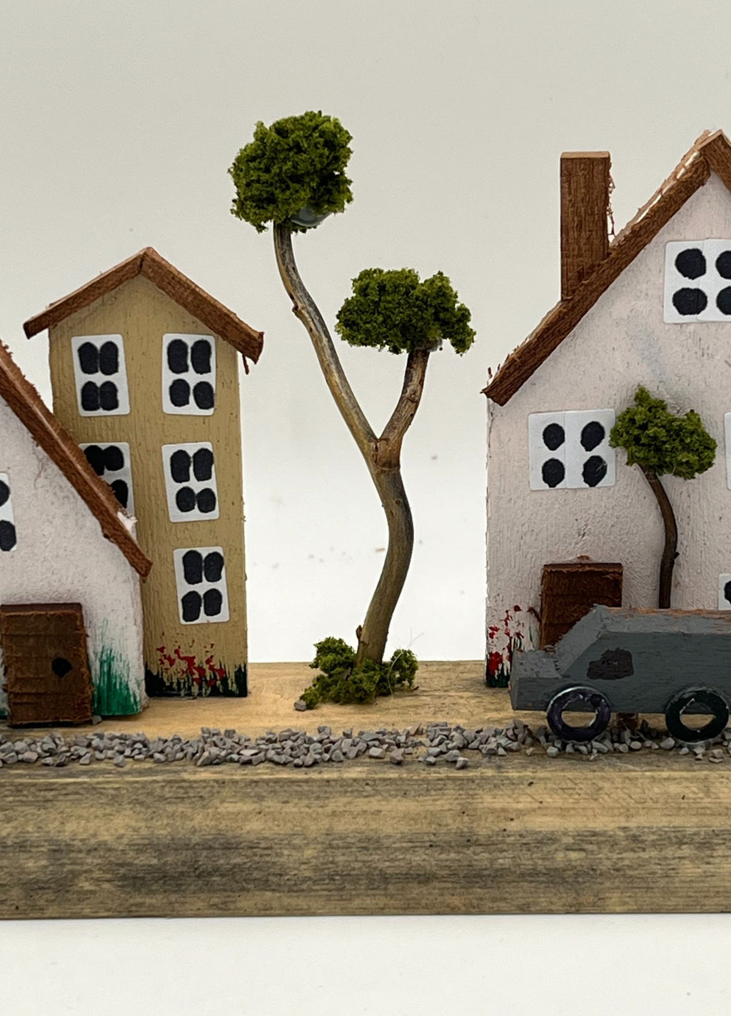 Handcrafted Miniature Wooden Houses  on Natural Base  RRH1031