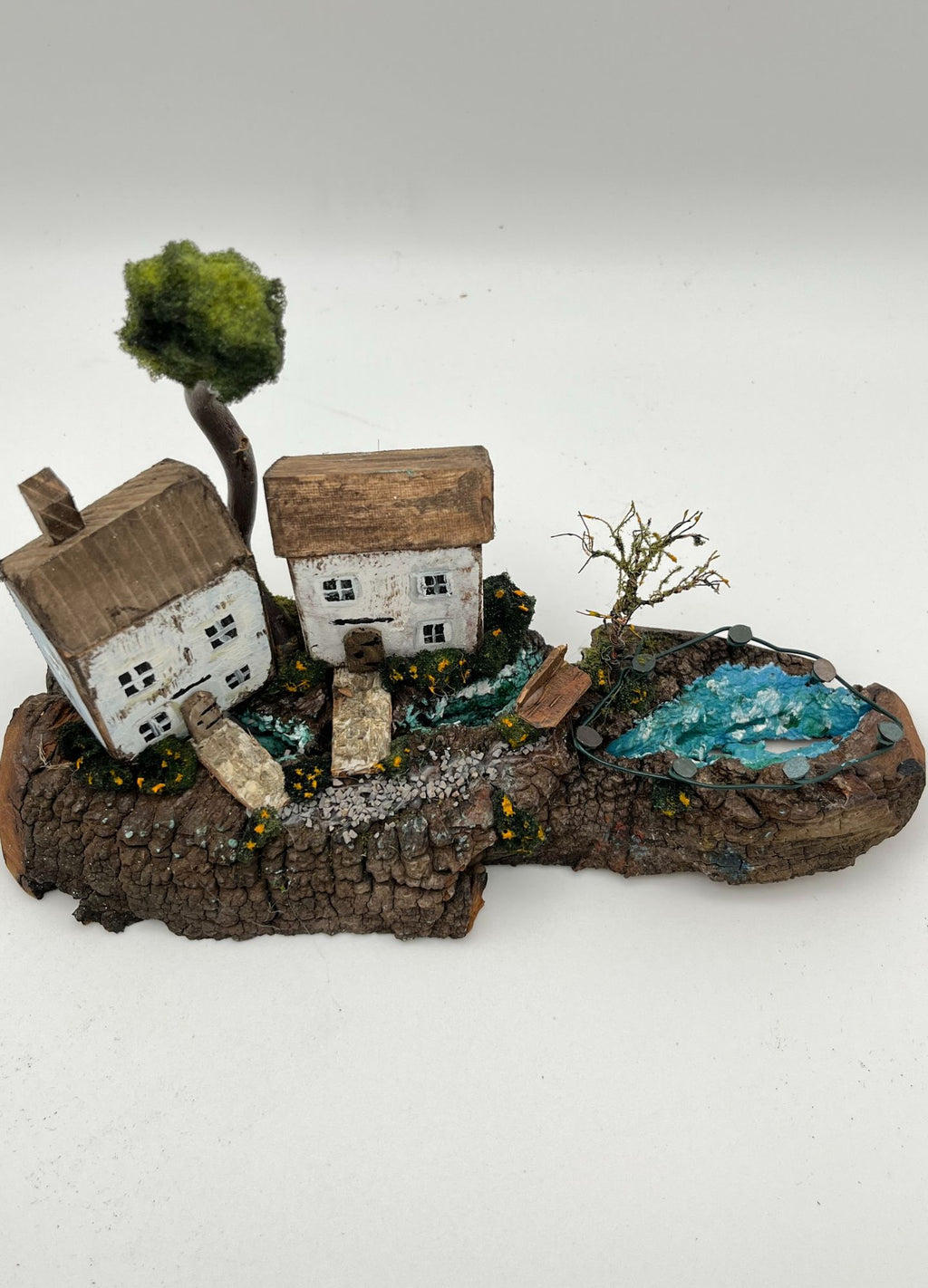 Handcrafted Miniature Wooden Houses by the stream on Natural Base  RRH1030