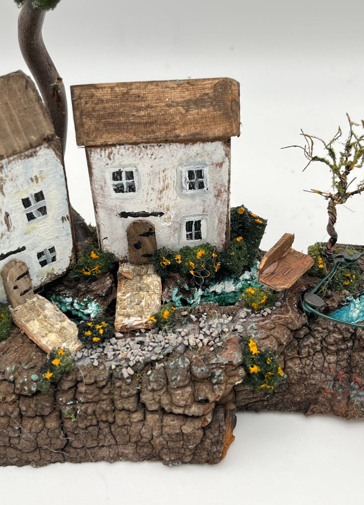 Handcrafted Miniature Wooden Houses by the stream on Natural Base  RRH1030