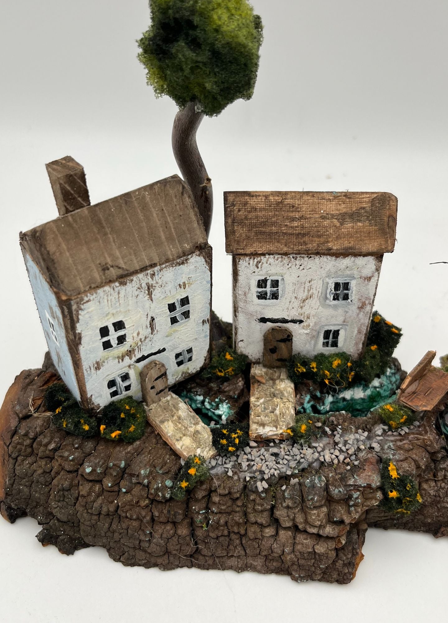 Handcrafted Miniature Wooden Houses by the stream on Natural Base  RRH1030