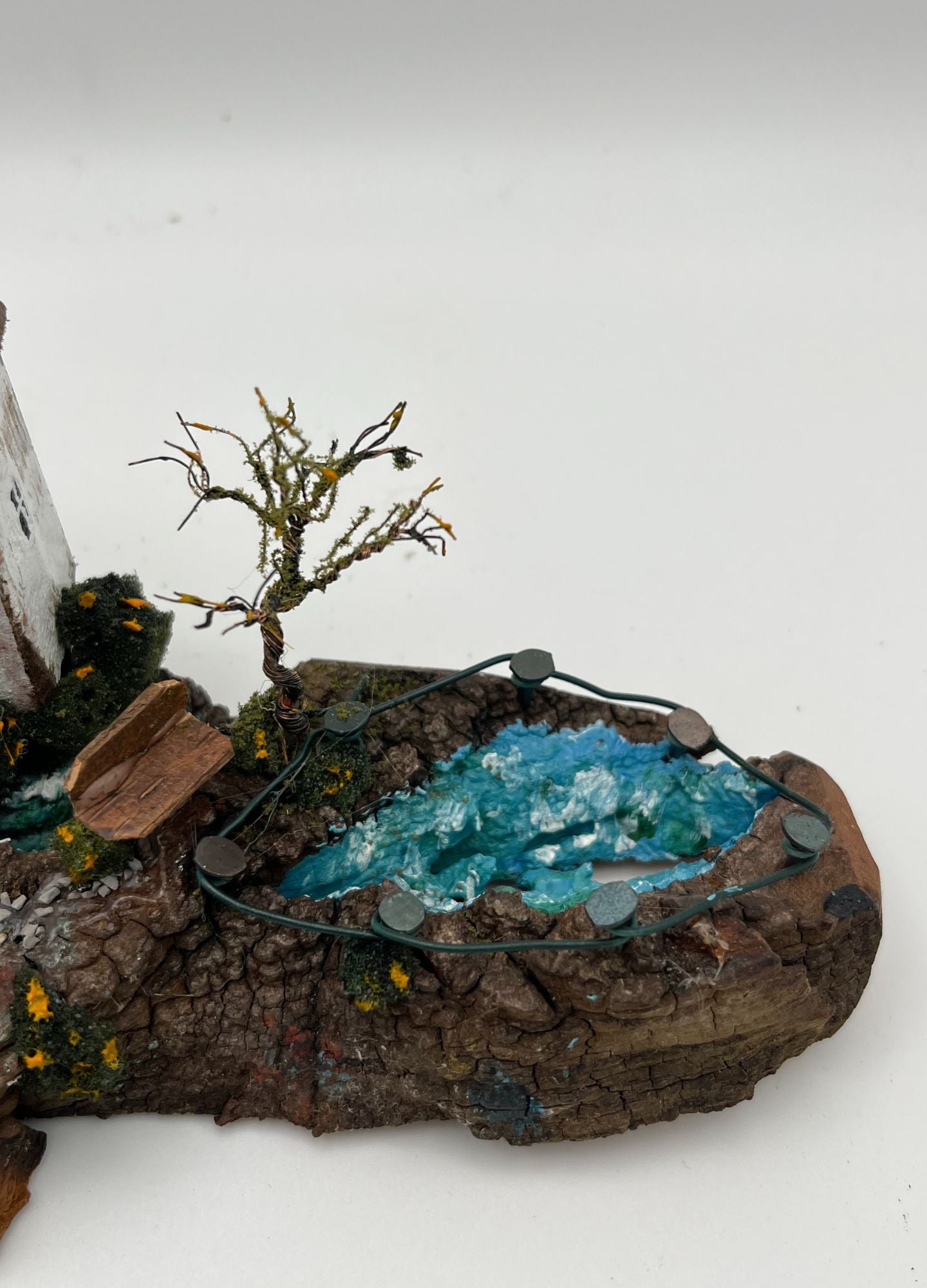 Handcrafted Miniature Wooden Houses by the stream on Natural Base  RRH1030