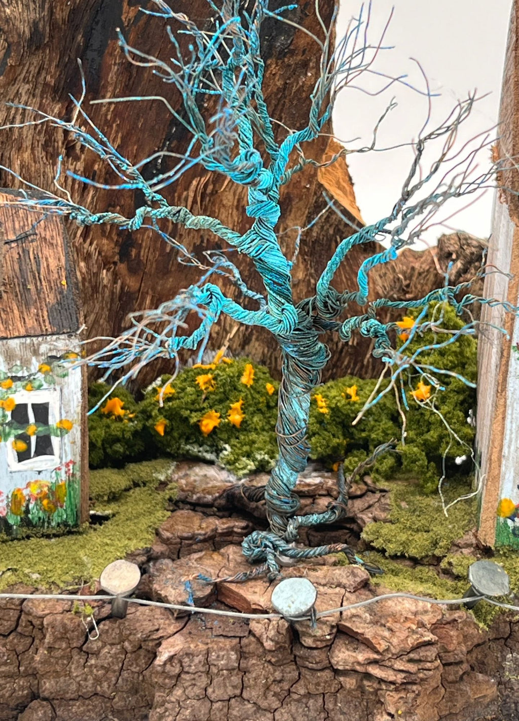 Handcrafted Miniature Wooden Houses  on Natural Base  with hand sculpted wire verdigris  tree RRH1025
