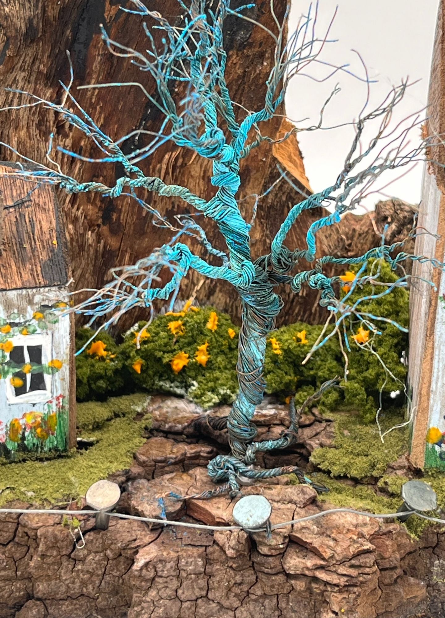 Handcrafted Miniature Wooden Houses  on Natural Base  with hand sculpted wire verdigris  tree RRH1025