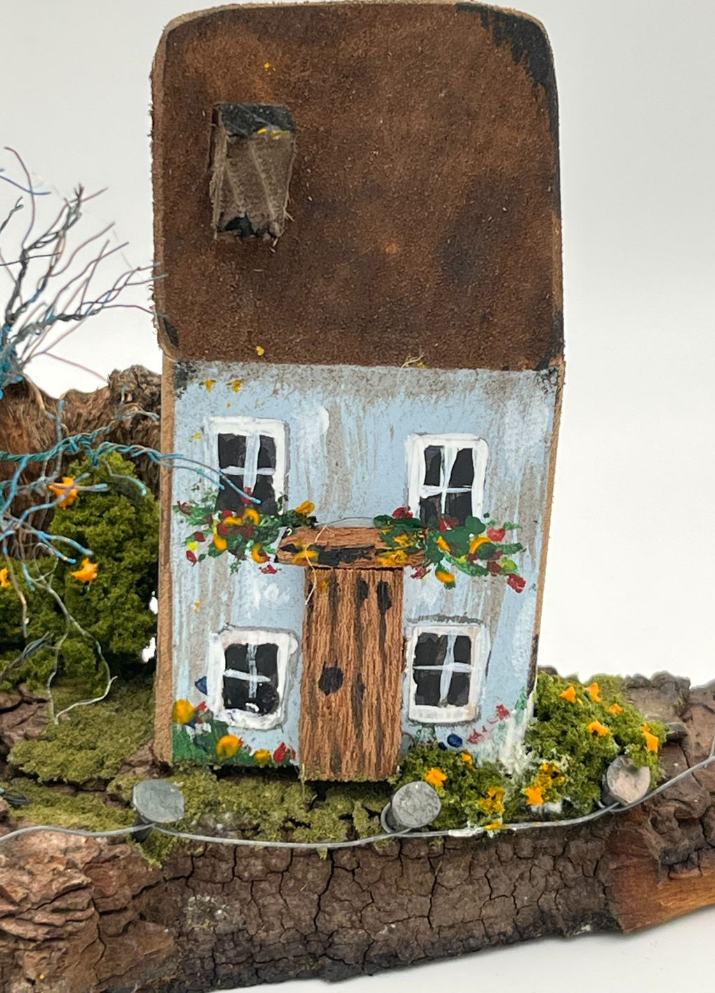 Handcrafted Miniature Wooden Houses  on Natural Base  with hand sculpted wire verdigris  tree RRH1025